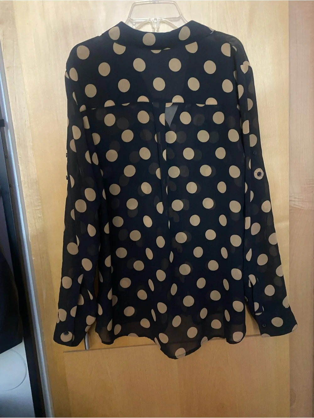 Express 2013 The Portofino Shirt Black Beige Polka Dot Button Up Blouse L